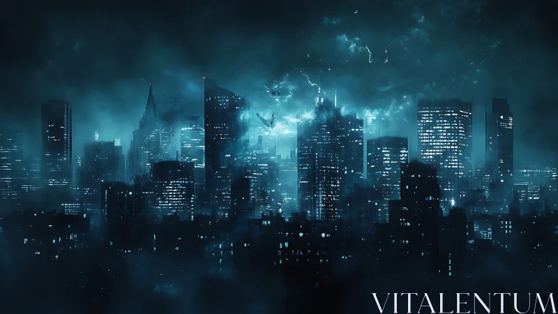 Stormlit cyberpunk skyline over dense neon metropolis.