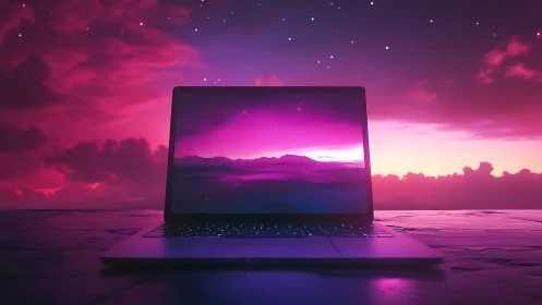 Laptop on reflective surface before magenta twilight sky.