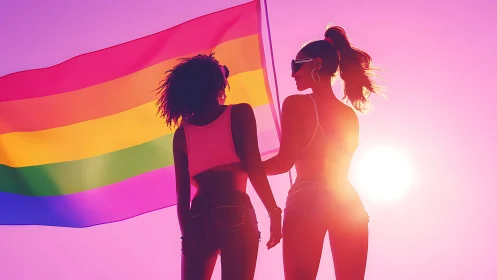 Two women holding hands in sunlight with pride flag, vibrant style.