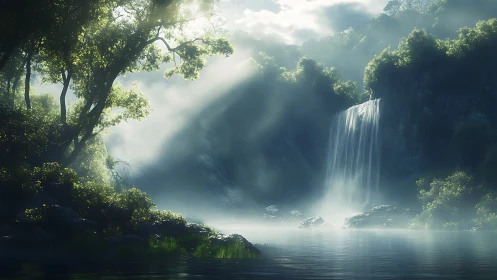 Luminous waterfall cascades through misty forest sanctuary.