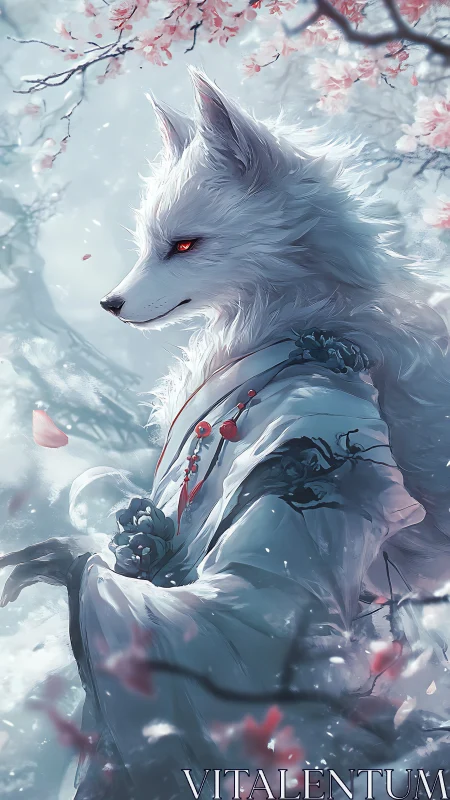 White anthropomorphic fox in robe stands amid cherry branches