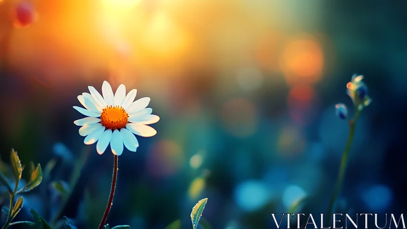 White Daisy with Orange Center Against Sunset Bokeh.