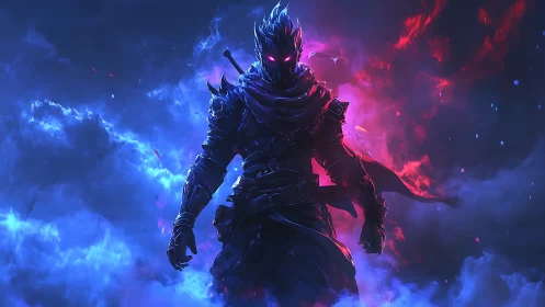 Armored shadow warrior strides through bifurcated neon storm