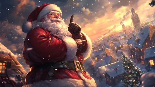Cinematic Santa portrait over snowlit townscape at dusk.