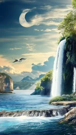 Coastal waterfall, crescent moon, cliffs and distant hills.