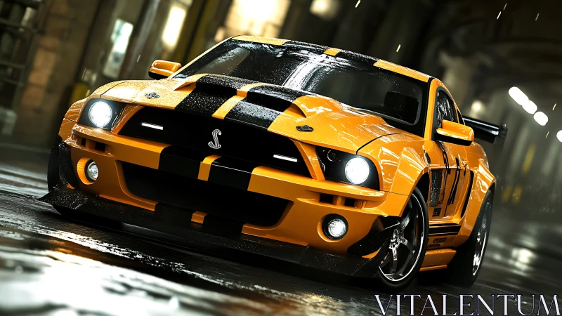 Wet street muscle car rendered with dynamic low-angle lighting