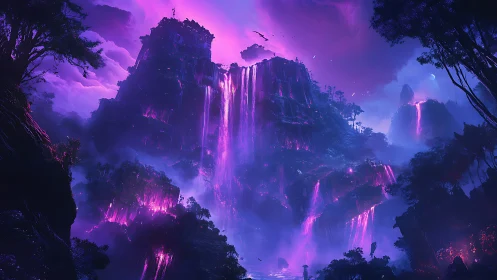 Neon waterfalls crown a twilight jungle of luminous cliffs.