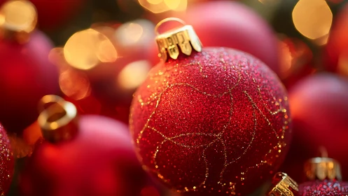 Shimmering red Christmas baubles glow in soft golden light