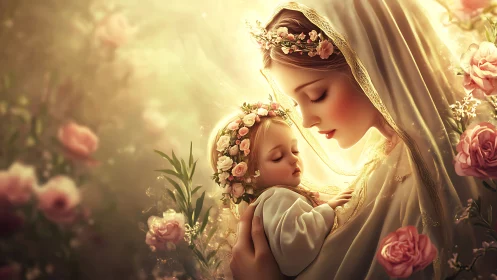 Gentle mother cradles sleeping baby in glowing rose garden