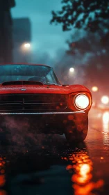 Headlight glow warms a rainy night drive with classic style