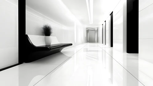 Minimalist Corridor with Contrasting Black and White Elements.