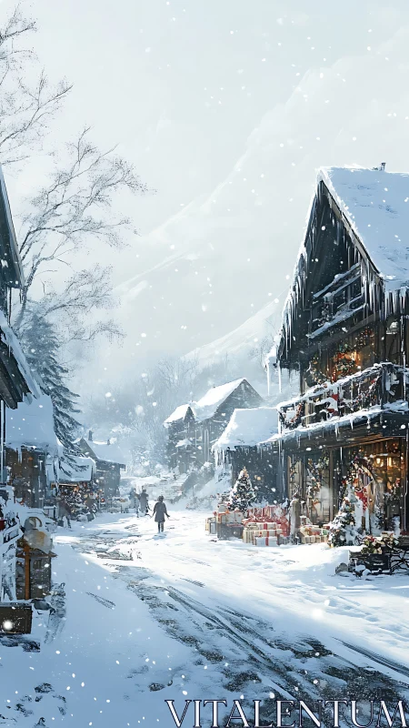 Snow-laden alpine village street rendered in festive digital realism