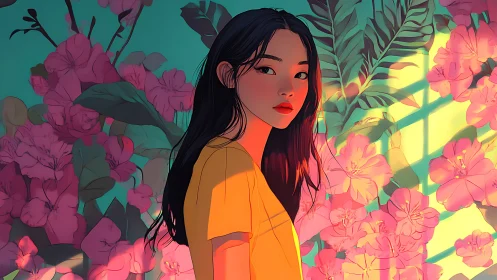 Sunlit girl among blooming florals in glowing pastels.