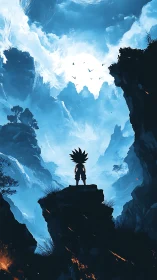 Silhouetted warrior on cliff in vivid blue canyon landscape.