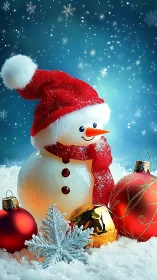 Snowman with ornaments in snowy winter scene at night.