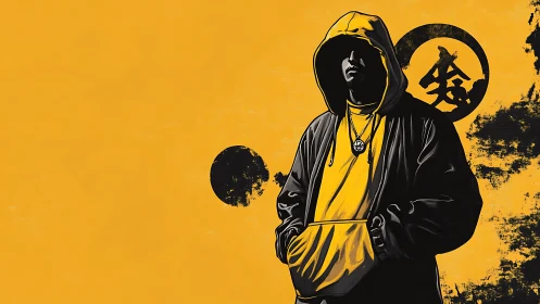 Hooded street figure stands before bold yellow graphic field