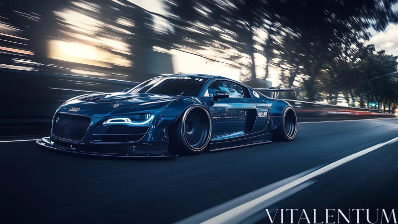Widebody Audi R8 GT race build on highway at dusk, motion panned