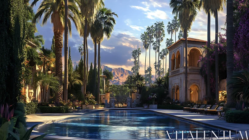 Sunlit luxury villa courtyard with palm-lined pool