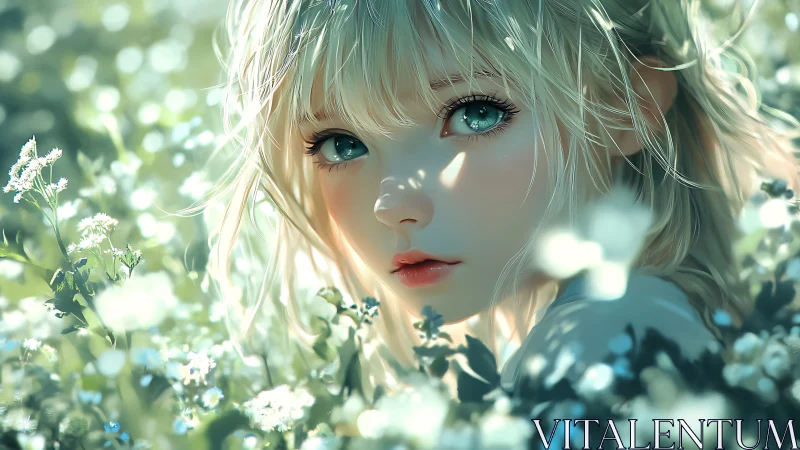 Blonde anime girl amid soft green meadow light and flowers.