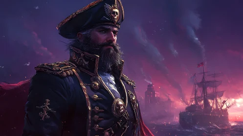 Naval admiral surveys burning harbor under crimson dusk sky
