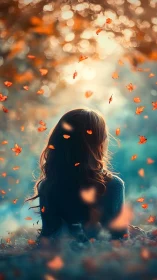 Woman under autumn leaves in dreamy golden bokeh glow.