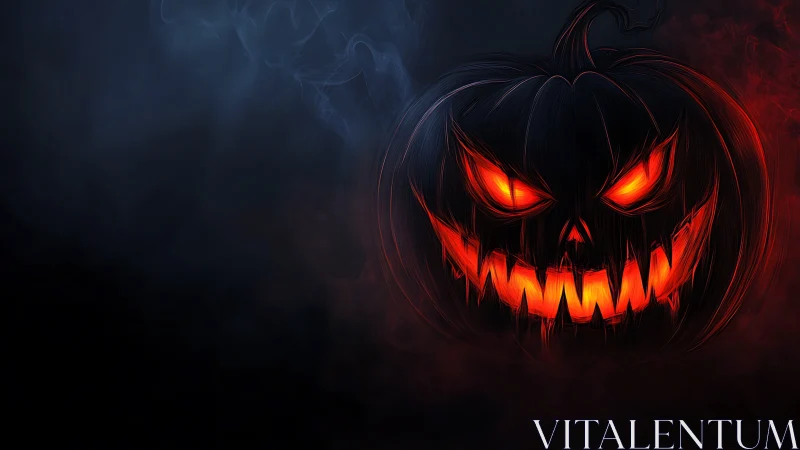 Fiery demonic pumpkin glows through swirling Halloween smoke.