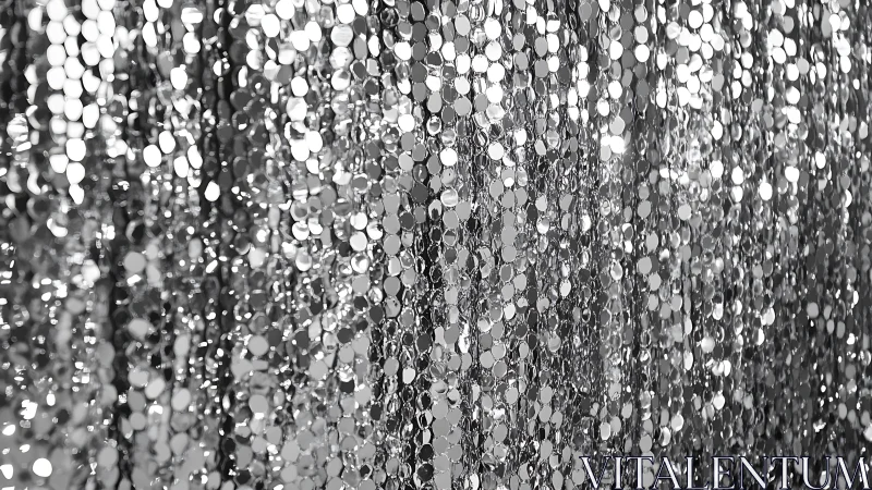 Silver sequin curtain forms shimmering abstract metallic field