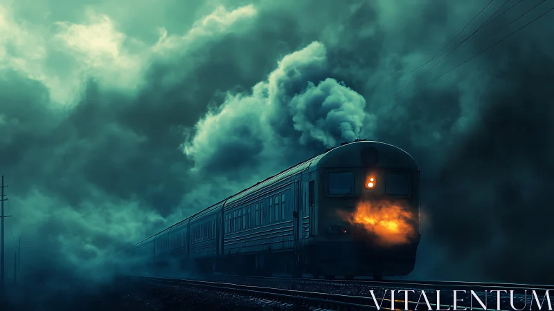 Night train cutting through dense green fog and smoke.