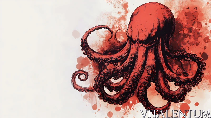 Red octopus illustration spreads tentacles over splattered ink