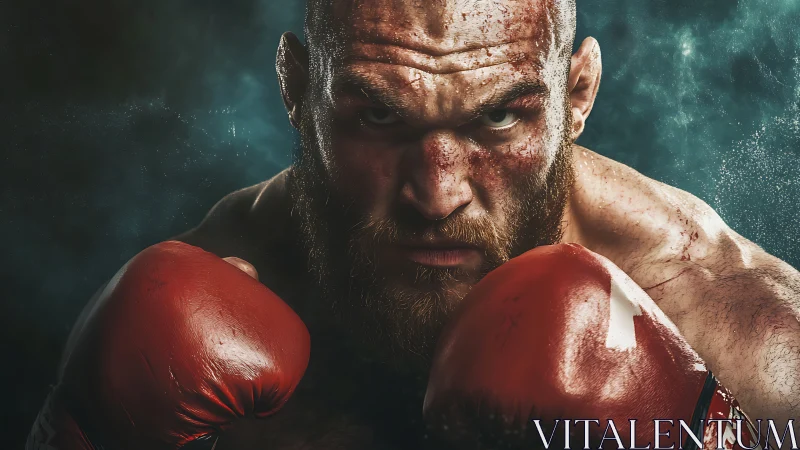 Intense Boxer Portrait: Bearded Athlete with Red Gloves and Atmospheric Lighting.