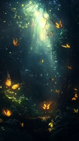 Luminous firefly butterflies drift through an emerald dusk forest.