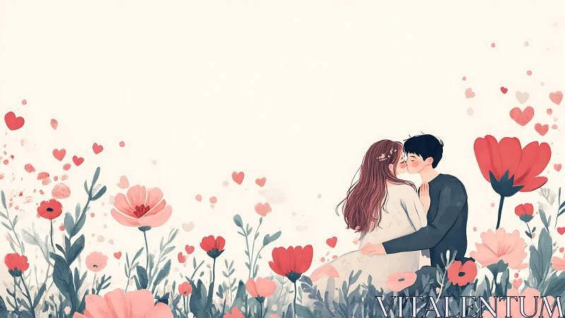 Two figures in floral field with floating hearts