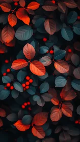 Crimson leaves and berries in dual-tone botanical pattern.