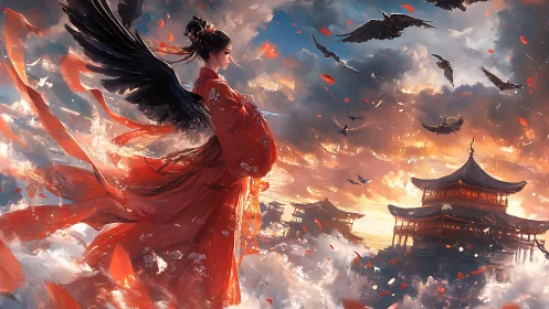 Winged maiden over burning sky temples at dusk.