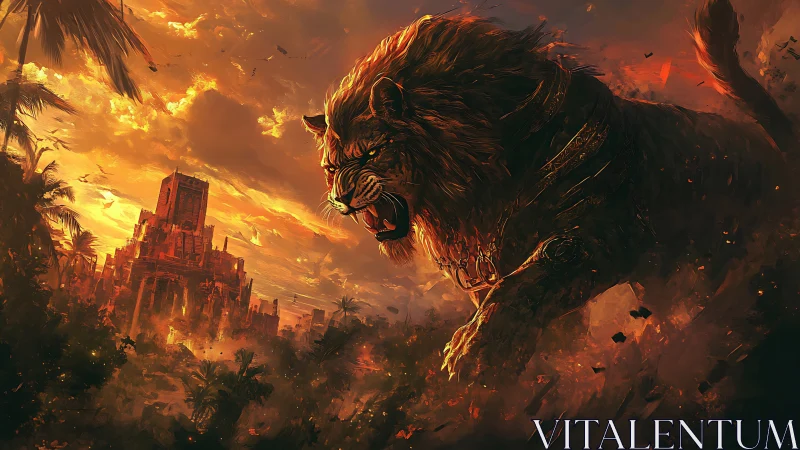 Sunset colossus lion guarding a burning jungle empire.
