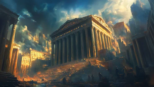 Ancient temple city burns beneath stormlit golden sky.