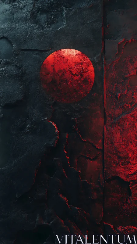 Textured black slab with embedded red circle under raking light