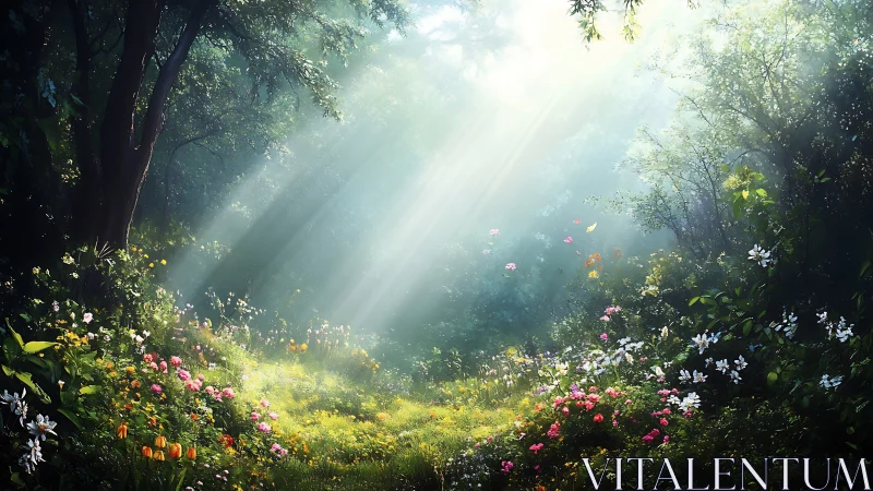 Enchanted Forest Glade with Radiant Sunrays and Blossoms.