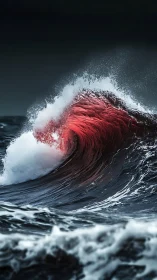 Crimson wave curls gracefully through a dark and moody sea