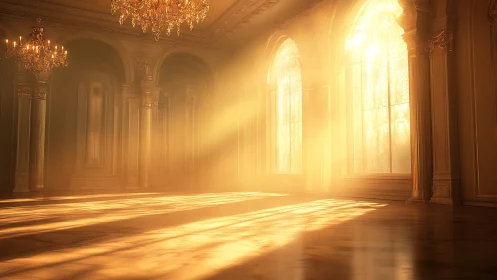 Sunlit grand hall interior shows strong directional light
