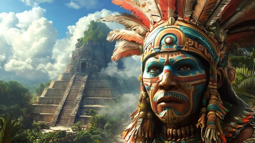 Colorful Mayan guardian watching over ancient jungle temple.