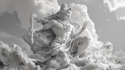 Monochrome 3D render depicts detailed seated deity figure
