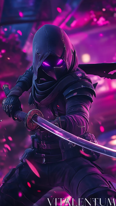 Neon hooded cyber ninja wielding glowing katana blade.