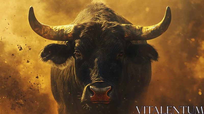 Charging black bull in golden dust with dramatic lighting.