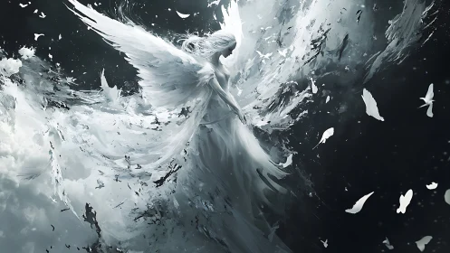 Ethereal winged figure dissolves into luminous storm of light