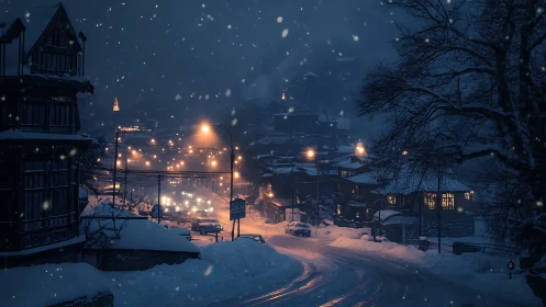 Snowy town street curves under warm lamps at blue dusk