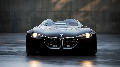 Photorealistic front-view study of futuristic BMW roadster form.