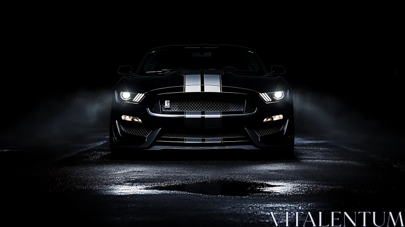 Midnight muscle prowler with racing stripes and stormy glare.