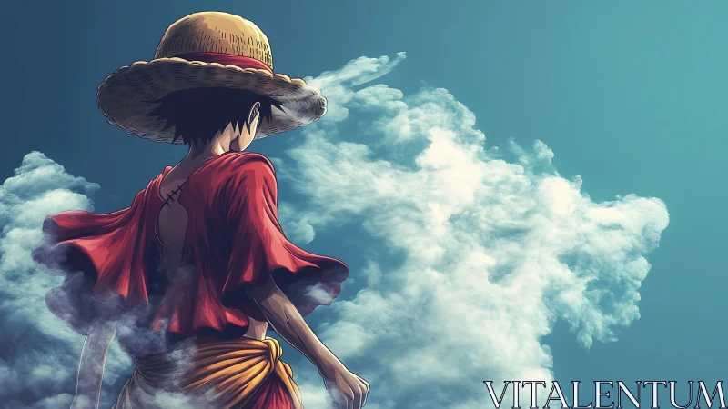 Backlit anime adventurer gazes into stylized volumetric clouds