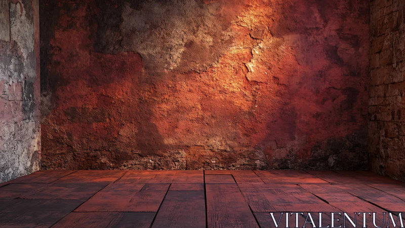 Old textured red room interior with worn brick walls.